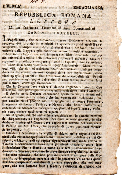 REPUBBLICA ROMANA Lettera di un Patriotta Toscano ai suoi Concittadini