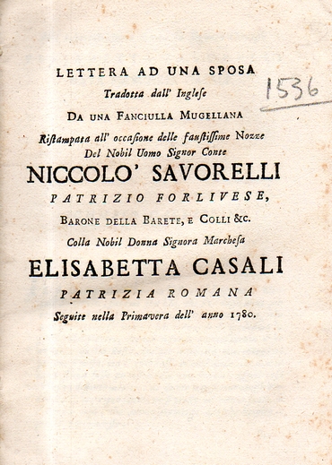 Lettera ad una sposa Tradotta dall'Inglese da una fanciulla mugellana